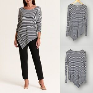 CAbi Boat Stripe Tee Top Size Medium Asymetric Long Sleeve Black White